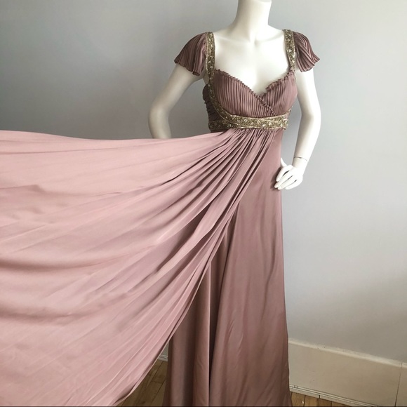Marchesa Mauve Sequin Bugle Bead Silk Pleated Gown - Picture 5 of 7